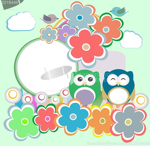 Image of Background with owl, flowers and birds