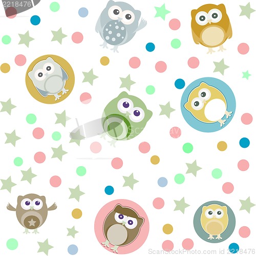 Image of Bright background with owls, stars and circles. Seamless pattern