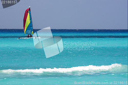 Image of catamaran  boat  and coastline in mexico 