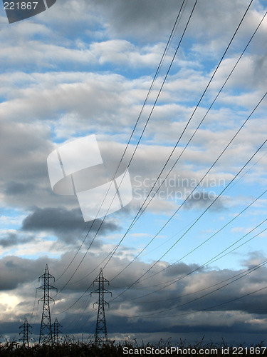 Image of Power lines and electricity pylons in a field