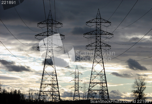 Image of Electricity pylons at dawn