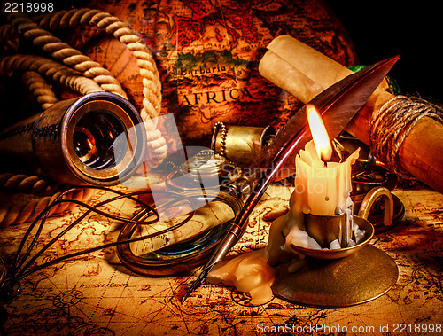 Image of Vintage still life. Vintage items on ancient map.