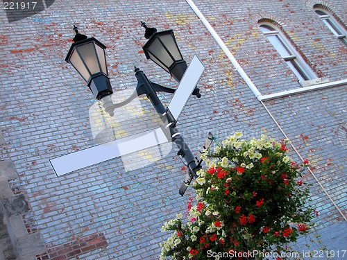 Image of Two blank street signs in the city center