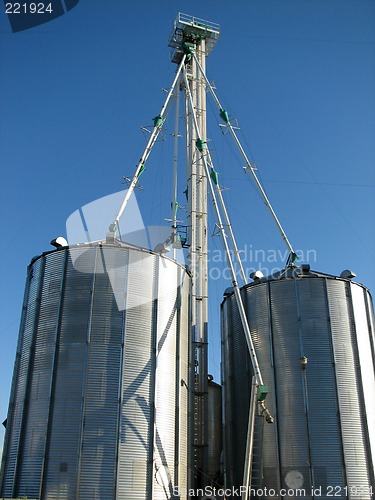 Image of Steel grain bins and blue sky