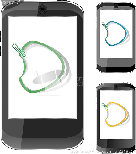 Image of Modern mobile smart phone set with abstract stickers