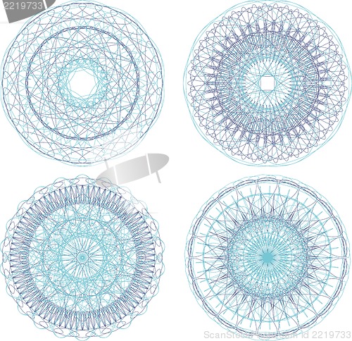 Image of abstract blue painted picture set with circle pattern, mandala