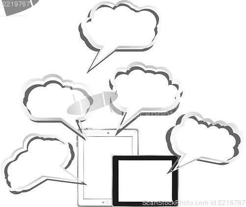 Image of Tablet pc set with abstract cloud sign