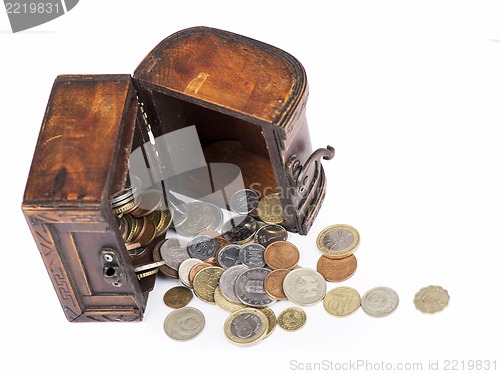 Image of Wooden casket full of coins thai