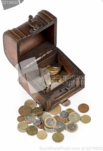 Image of Wooden casket full of coins thai