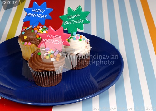 Image of Three chocolate frosted cupcakes on a blue plate with "Happy Bir