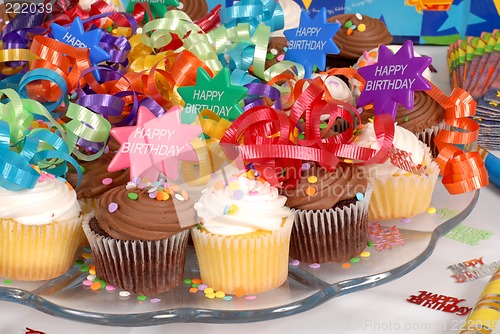 Image of Closeup of a platter of cupcakes decorated with Happy Birthday t