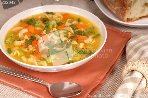 Image of Closeup of a bowl of chicken noodle soup with rustic bread