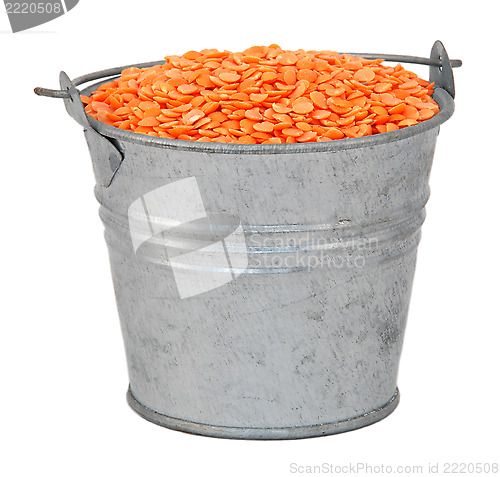 Image of Red lentils in a miniature metal bucket