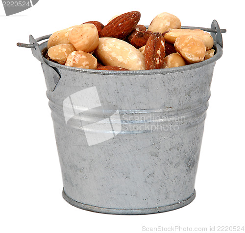 Image of Mixed nuts in a miniature metal bucket