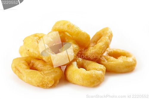 Image of fried rings calamari on white background