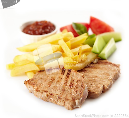 Image of grilled meat and french fries