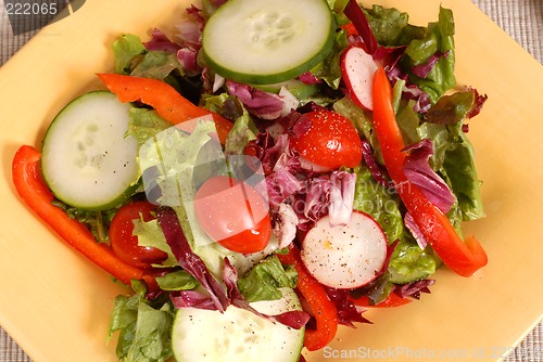 Image of An overhead view of a crisp healthy salad on a yellow plate