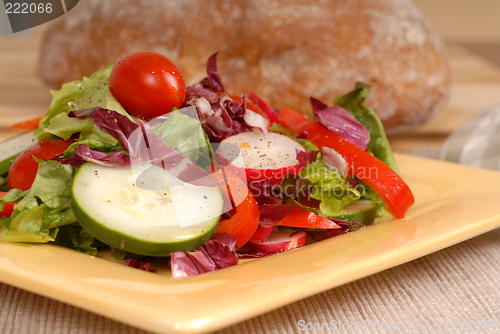Image of A side view of a crisp healthy salad on a yellow plate with rust