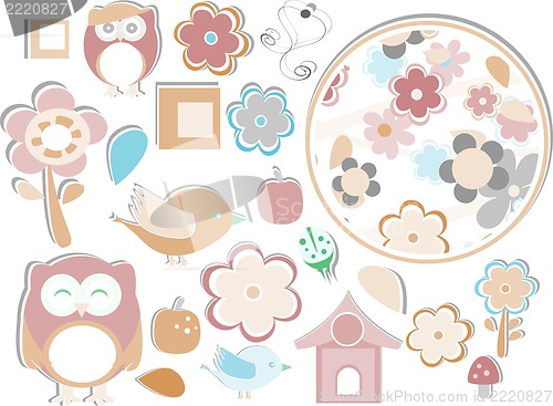 Image of Set of elements - owls, birds, flowers, apple, mushrooms, butterflies, ladybugs etc.