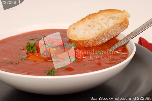 Image of Side view of a bowl of tomato, red pepper and basil soup with br