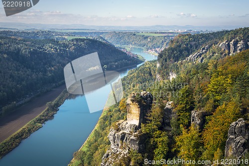 Image of View from viewpoint of Bastei in Saxon Switzerland Germany to th