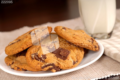 Image of Chocolate chunk cookies with a glass of milk