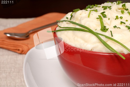 Image of A closeup of creamy mashed potatoes with chives