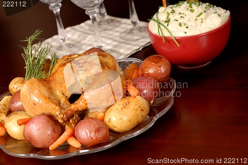 Image of Roasted chicken and vegetables with mashed potatoes and rosemary