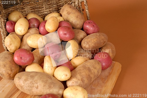Image of Russet, red and white potatoes spilling out of a basket onto cut