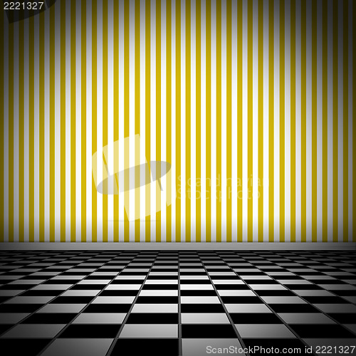 Image of Illustration of tiled floor with yellow striped wellpaper