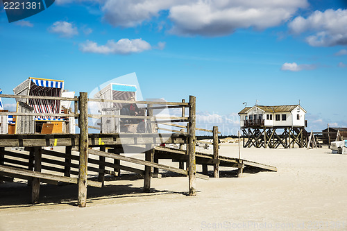 Image of Beach chairs and buildings of St. Peter-Ording, Germany