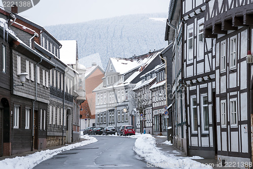 Image of Street with half-timbered houses with snowfall