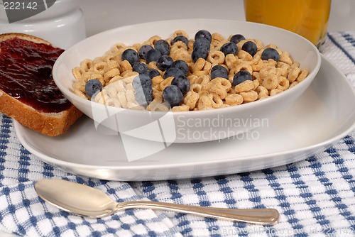 Image of Oat cereal with blueberries, toast with raspberry jam