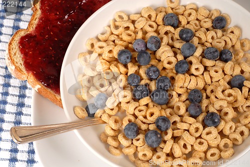 Image of Overhead view of oat cereal with blueberries and spoon, toast wi