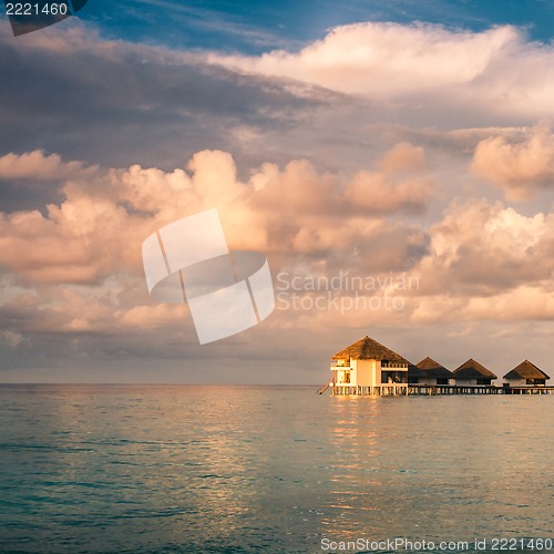 Image of Sunset on Maldives island, water villas resort