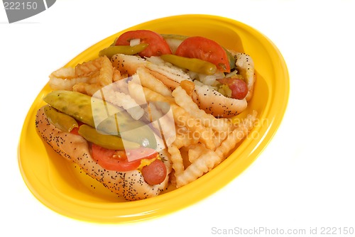 Image of Full view of Chicago style hot dogs with french fries
