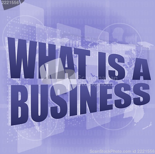 Image of Business concept: words what is a business on digital screen, 3d