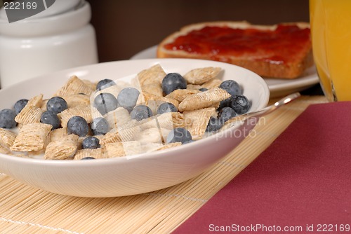 Image of Wheat cereal with blueberries, toast and orange juice