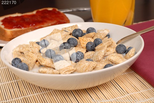 Image of A bowl of wheat cereal with blueberries, toast and orange juice
