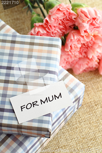 Image of Gift and pink carnations flower for Mother's Day