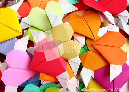 Image of heap of origami colorful heart