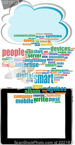 Image of concept communicator with social network word cloud with tablet pc
