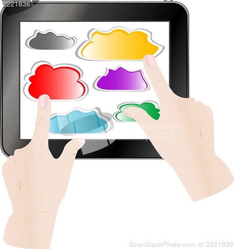 Image of hand pressing a paper cloud on tablet pc computer