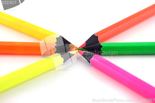 Image of Neon pencils pointing at each other