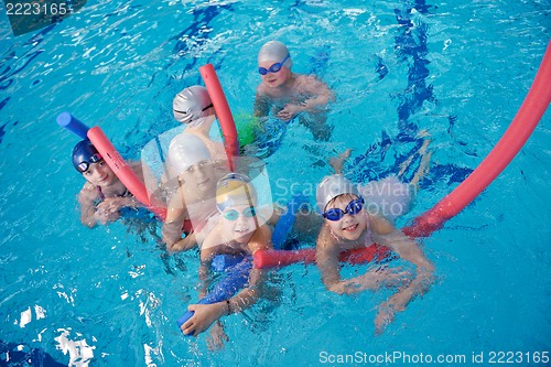 Image of happy children group  at swimming pool