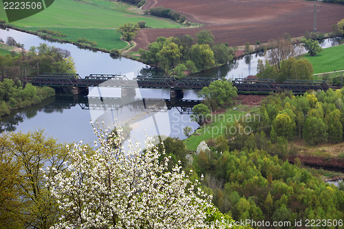 Image of Scenic view of a bridge and river