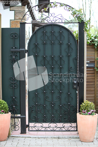 Image of Ornate green metal entry gate