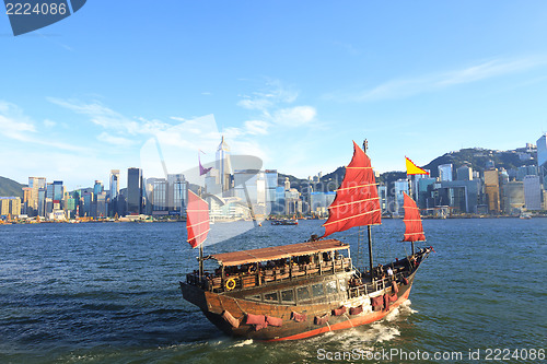 Image of Junk boat along Victoria Harbour in Hong Kong