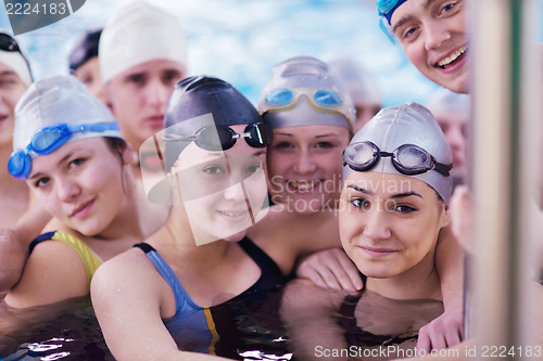 Image of happy teen group  at swimming pool