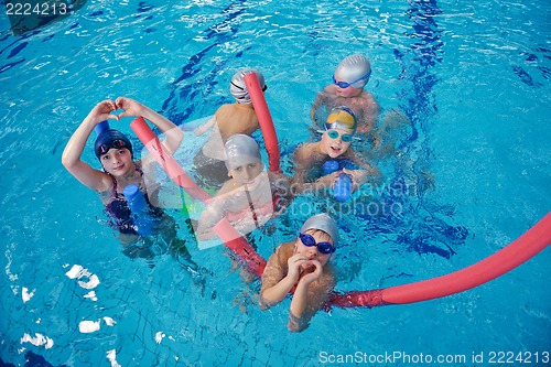 Image of happy children group  at swimming pool